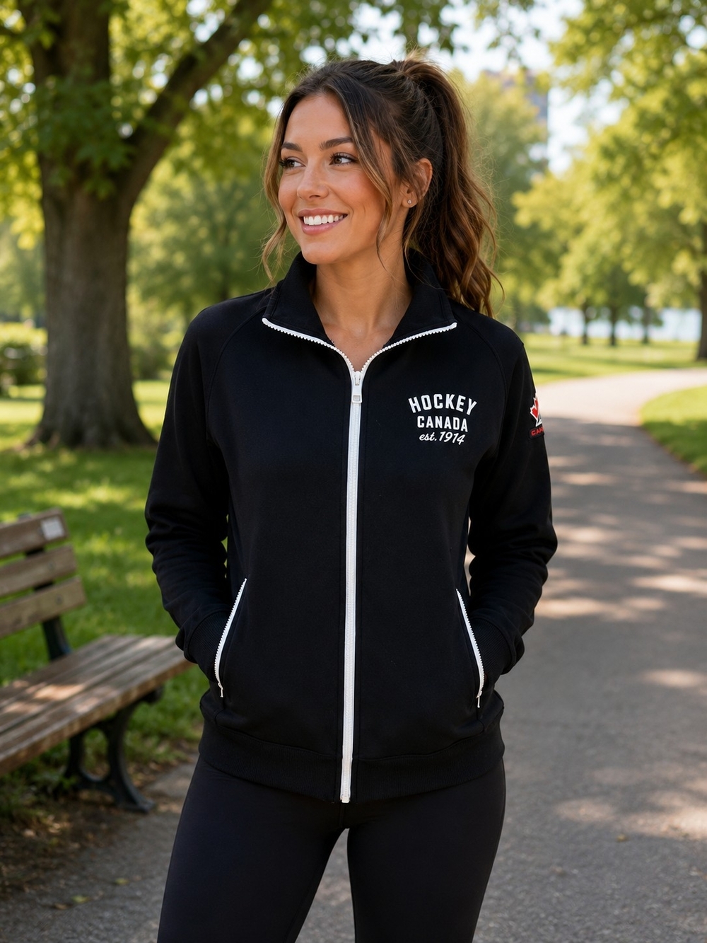 Nike Team Canada Black Full-Zip Bomber Jacket with White Trim. Ladies M. NWOT.